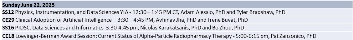 🎆Day 2 of the SNMMI 2025 AM!🎆
Be sure to check out the 4 PIDSC sessions including 💻 AI and informatics 💻, along with the annual favorites: the YIA and LB Award Session 🥇🥈🥉