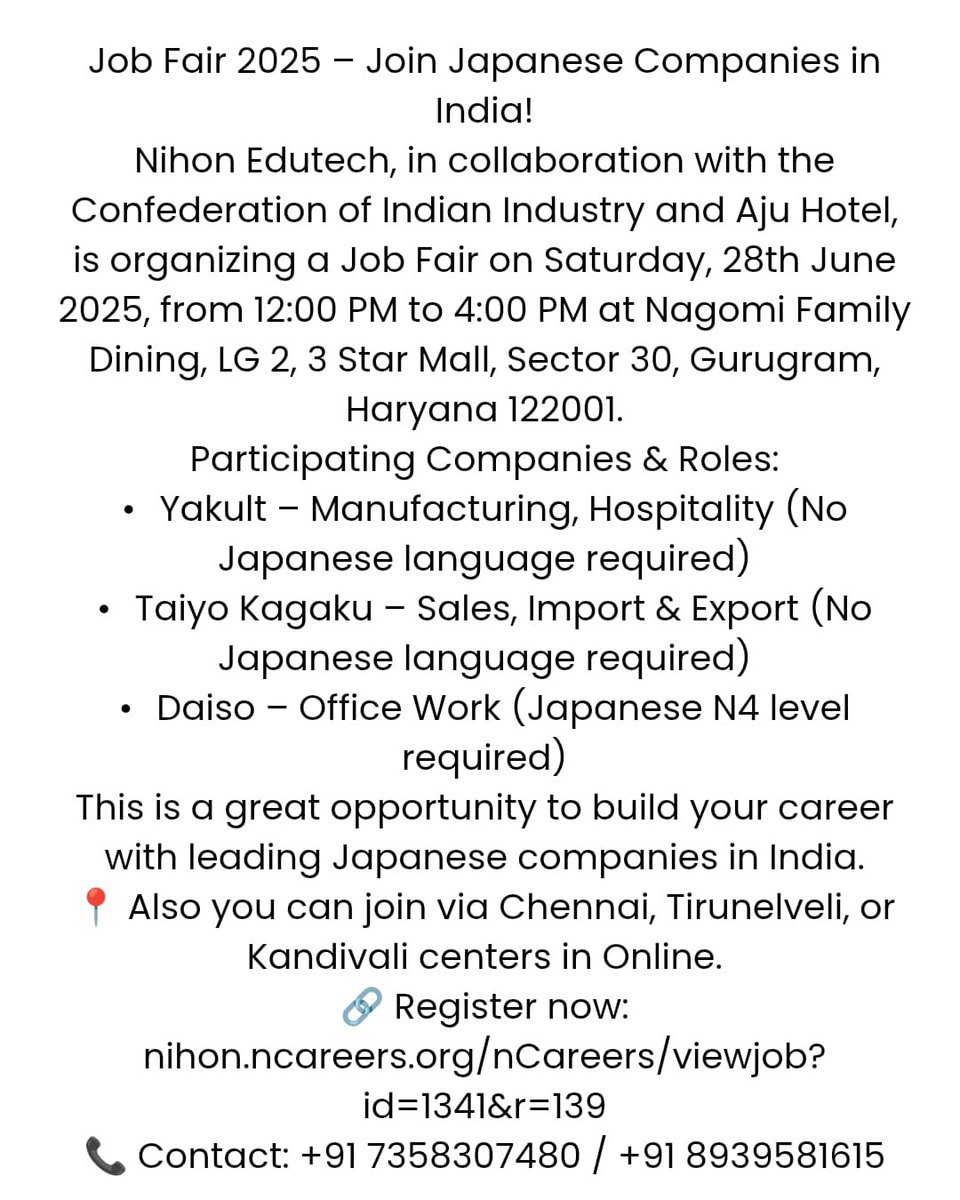 skahuja13's tweet image. ๐ Ready to take your career global?
๐ Work with Japanโs leading brands in India!
Japanese Job Fair 2025 is LIVE on 28th June
๐ Nagomi Dining, Star Mall, Gurugram
๐ Online options available in Chennai, Tirunelveli & Mumbai!
Read more ๐๐ป
asiancommunitynews.com/japanese-job-fโฆ