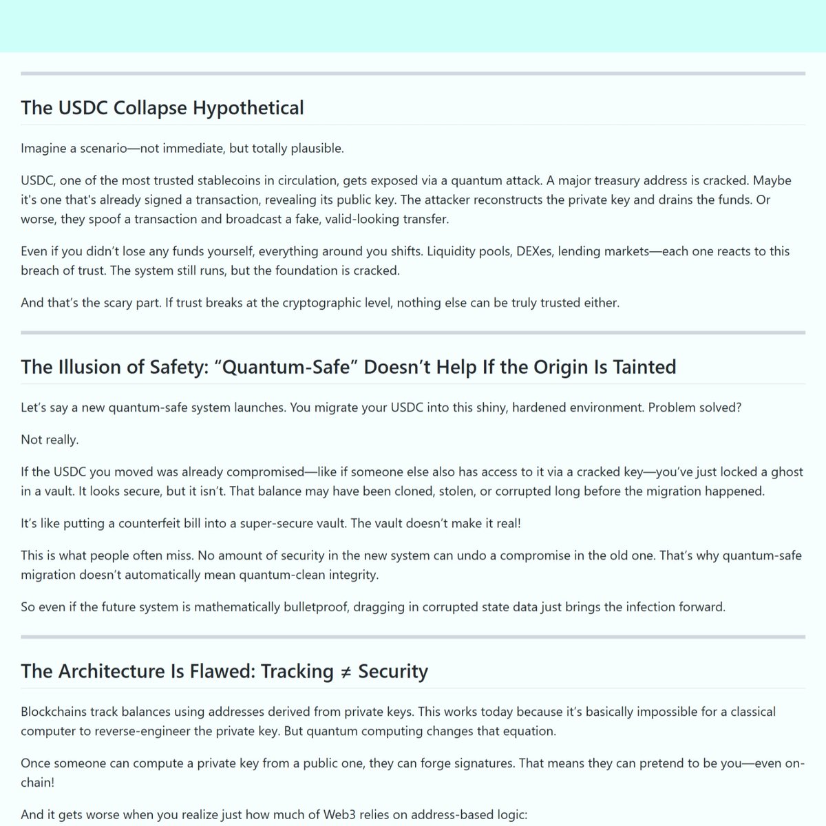 raldblox's tweet photo. just published my first #onchain blog with $XTZ haha

let's explore #quantum threats to blockchains, some wild (but plausible) scenarios like a cracked $USDC, and why we might really need to rethink things from the ground up!!

been seeing a lot of quantum-crypto tech talks on CT lately that might actually be missing some big pieces 👀

read the full blog here:
 https://t.co/38u2IMfb3b