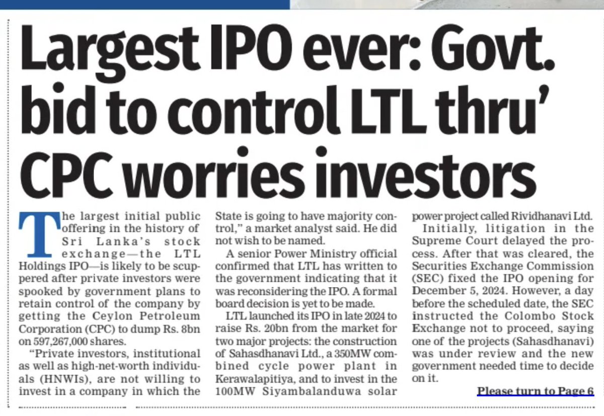 SPriyawickrama's tweet photo. The NPP government’s communist-style approach of tightening state control over companies—like using CPC to dominate LTL Holdings—sends all the wrong signals to the private sector.

At a time when Sri Lanka desperately needs private investment to revive the economy, this NPP government chooses control over confidence, bureaucracy over business, and political power over productivity.

The role of government should be to regulate, not to run companies. If we keep blocking private capital and market-driven growth, we’re not heading toward recovery—we’re heading deeper into economic stagnation dressed in ideological rhetoric. (Sunday Times Article; https://t.co/kZ9yX2zpic
