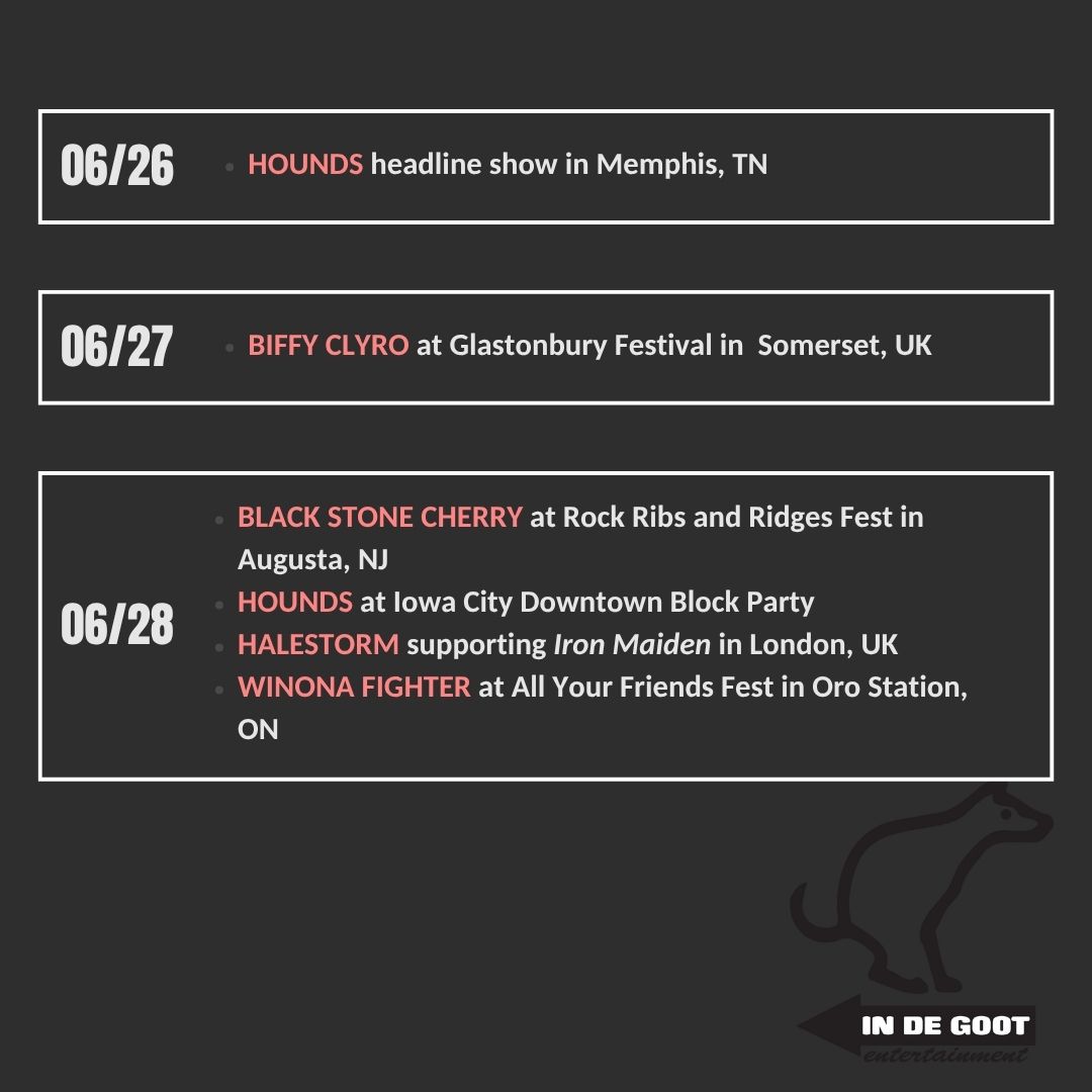 In De Goot Entertainment (@indegoot) on Twitter photo A show a day keeps the FOMO away!
<a href="/Halestorm/">Halestorm</a>, <a href="/BiffyClyro/">Biffy Clyro</a> and <a href="/DINOSAURPILEUP/">DINOSAUR PILE-UP</a> are rocking out in Europe, <a href="/winonafighter/">WINONA FIGHTER</a> is taking on Canada, and <a href="/HoundsOfficial/">HOUNDS</a> and <a href="/BlkStoneCherry/">Black Stone Cherry</a> are crushing the US A show a day keeps the FOMO away!
<a href="/Halestorm/">Halestorm</a>, <a href="/BiffyClyro/">Biffy Clyro</a> and <a href="/DINOSAURPILEUP/">DINOSAUR PILE-UP</a> are rocking out in Europe, <a href="/winonafighter/">WINONA FIGHTER</a> is taking on Canada, and <a href="/HoundsOfficial/">HOUNDS</a> and <a href="/BlkStoneCherry/">Black Stone Cherry</a> are crushing the US