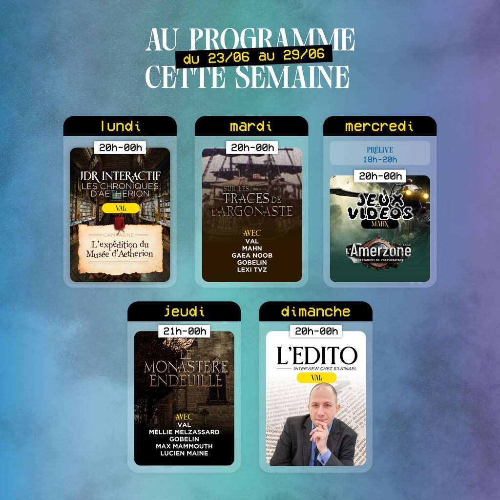 Geek Fabula (@geekfabula) on Twitter photo L JDR interactif Aetherion
M Aetherion Odyssée - Sur les traces de l’Argonaste ft Mahn, <a href="/gaeaguildenoob/">Gaea - Anne-Laure Jarnet</a>, <a href="/LexiTVz/">Lexi TVz</a> et Gobelin
M Mahn joue à l’Amerzone
J Aetherion Odyssée - Le Monastère Endeuillé ft Gobelin, <a href="/LucienMaine/">Lucien Maine</a>, Mellie & Max Mammouth
D interview chez <a href="/Silkinael/">SilkinaelTV</a> L JDR interactif Aetherion
M Aetherion Odyssée - Sur les traces de l’Argonaste ft Mahn, <a href="/gaeaguildenoob/">Gaea - Anne-Laure Jarnet</a>, <a href="/LexiTVz/">Lexi TVz</a> et Gobelin
M Mahn joue à l’Amerzone
J Aetherion Odyssée - Le Monastère Endeuillé ft Gobelin, <a href="/LucienMaine/">Lucien Maine</a>, Mellie & Max Mammouth
D interview chez <a href="/Silkinael/">SilkinaelTV</a>