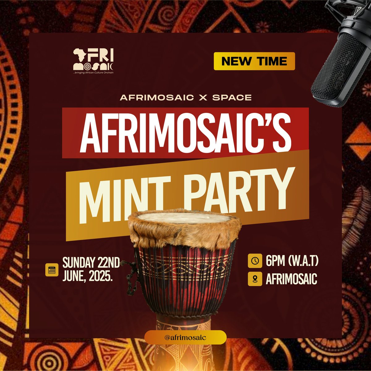 AfriMosaic's tweet image. Join us for a Live Space to celebrate the mint by 6 PM WAT, where we’ll vibe with the community, share the heart behind @AfriMosaic, and toast to preserving our heritage in the digital age!
Mint Details:
When: 6PM WAT, June 22, 2025
Where: Exclusively on tradeport.xyz/sui/collection……