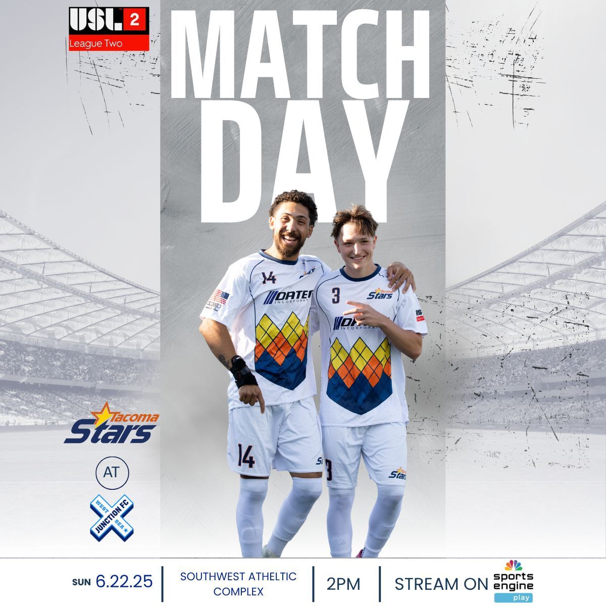 Tacoma Stars Match Day! ⚽ Kicking off at 2 PM against West Seattle Junction FC 📆 Scheduled for Sunday, June 22nd 📍 Located at Southwest Athletic Complex 🎞️ Streamed live on Sports Engine Play.