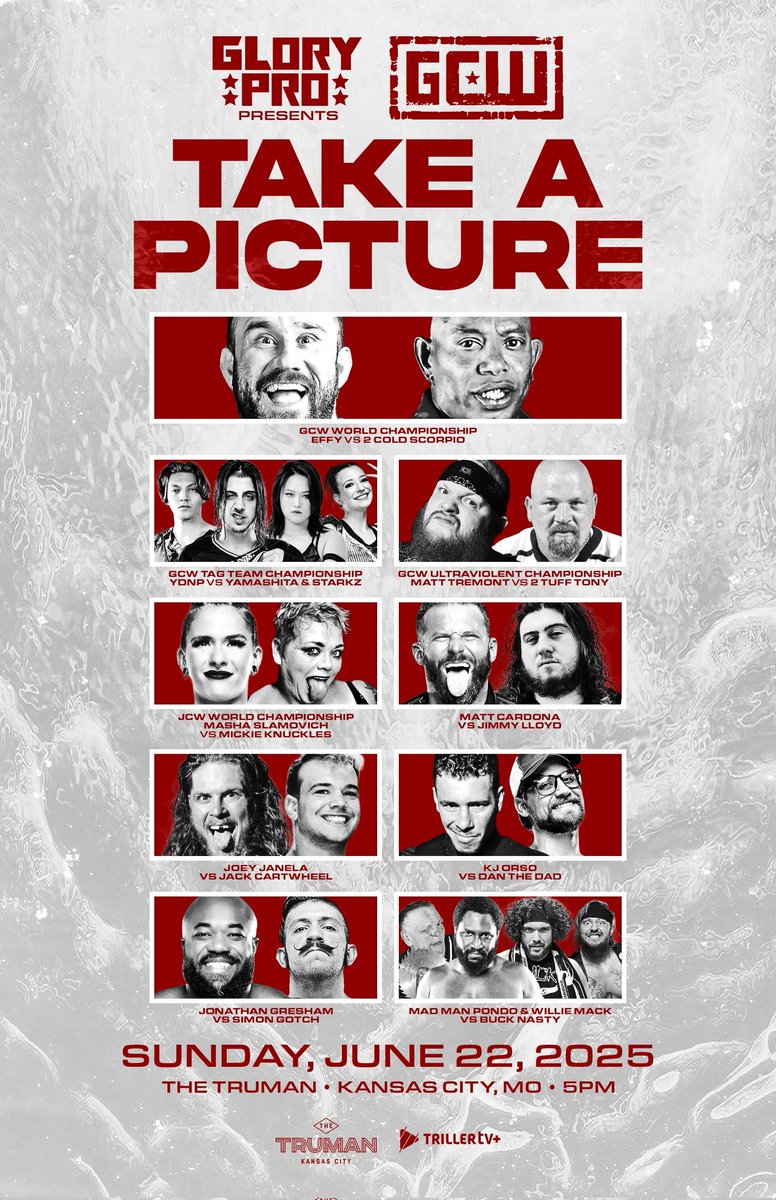 *TONITE 5PM CT/6PM ET*

GCW comes to KANSAS CITY for the first time for #GCWPicture!

Effy v 2Cold
Tremont v 2Tuff Tony
YDNP v Miyu/Starkz
Masha v Mickie
Janela v Cartwheel
Cardona v Lloyd
KJ v DTD
+more

Watch LIVE on <a href="/Triller_TV/">TrillerTV</a>+

Tix:
GCWKC.EVENTBRITE.COM

DOORS OPEN 4PM CT