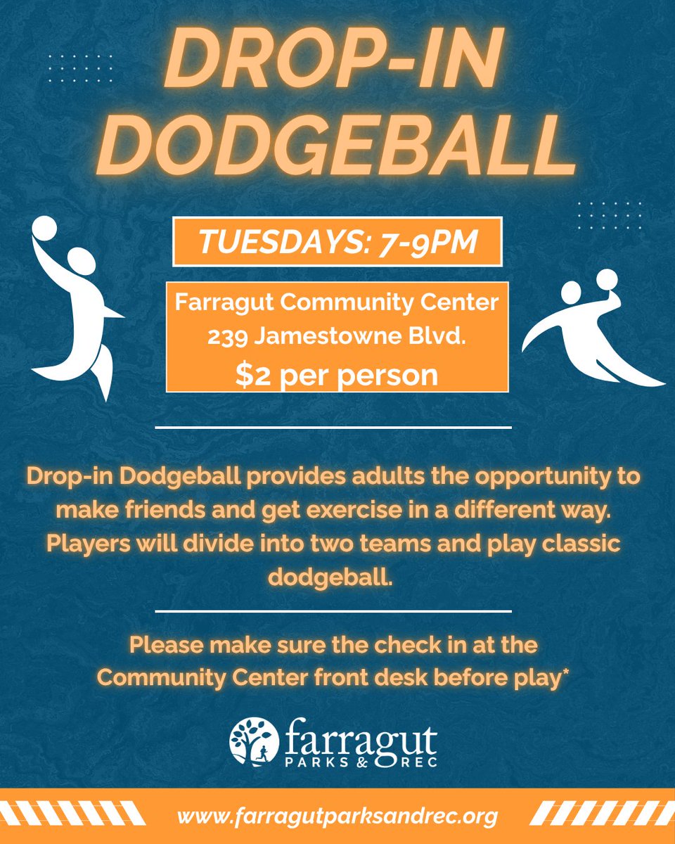 FarragutParks's tweet photo. Make friends, get active, and have a blast playing classic dodgeball at the Farragut Community Center!

Tuesdays | 7-9 PM
239 Jamestowne Blvd.
$2 per person

Please check in at the front desk before playing! https://t.co/WvMVuRMXyK