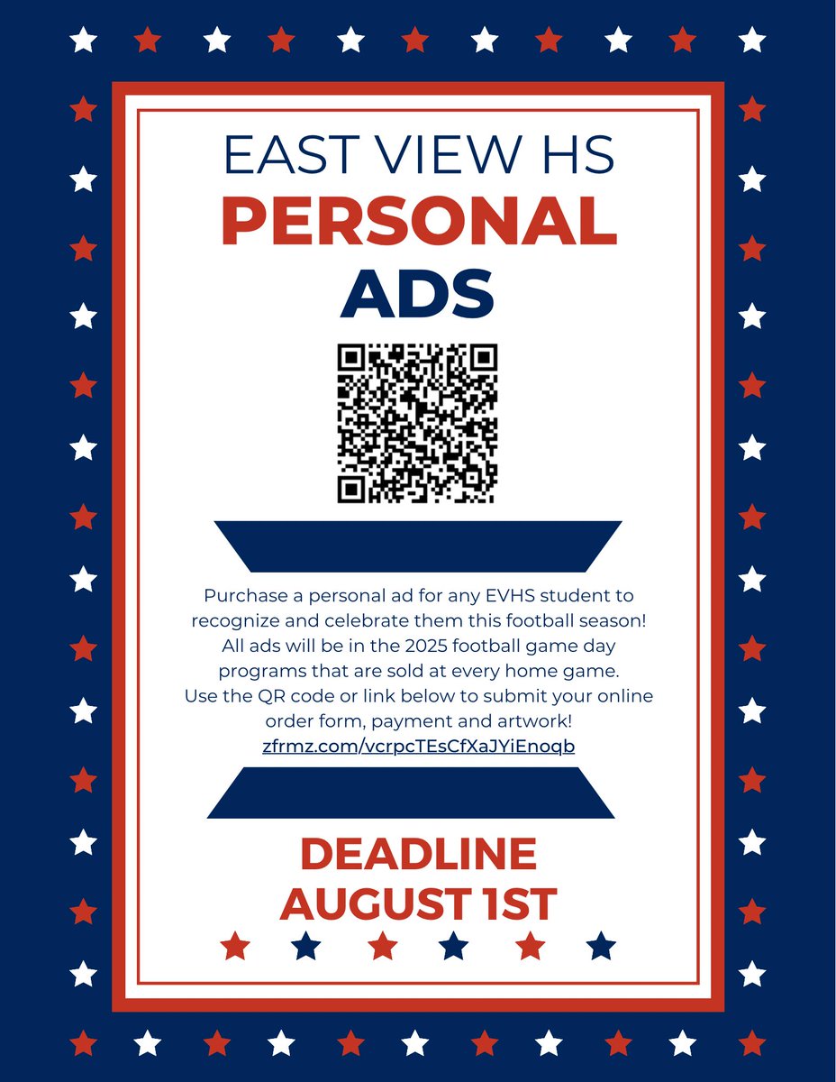 Spread the word Patriots! 📣 It’s time to purchase your personal ad for the 2025 football program sold at all home games. Deadline for order form/payment/artwork is August 1st. Don’t miss out on this opportunity to recognize and celebrate an EVHS student! zfrmz.com/vcrpcTEsCfXaJY…