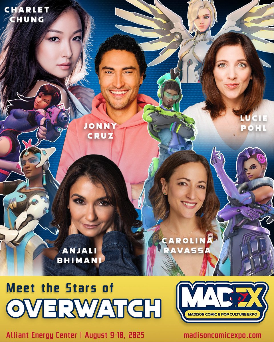 Ready, players? 🎮🕹️ The voices of your favorite Overwatch characters are coming to MadEX this August! Don't miss your shot to meet D.Va (Charlet Chung), Mercy (Lucie Pohl), Symmetra (Anjali Bhimani), Lúcio (Jonny Cruz), and Sombra (Carolina Ravassa)!