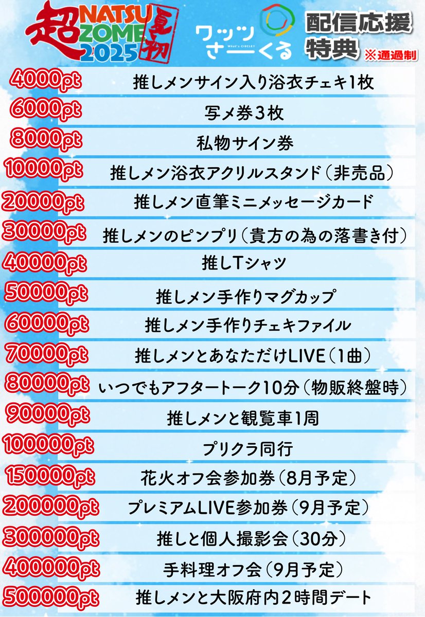 🌀#超NATSUZOME 2025 メイン争奪戦配信スケジュール&amp;限定特典🌀

詳細は画像を𝑪𝒉𝒆𝒄𝒌☑️

※特典の使用期限は2025年中
※50万pt以降は1万pt毎に10分追加
※譲渡不可
※オフ会･同行は全てスタッフも帯同致します。
※同行にかかる費用は全てお客様負担

#ワッくる
 #ワッツ染め