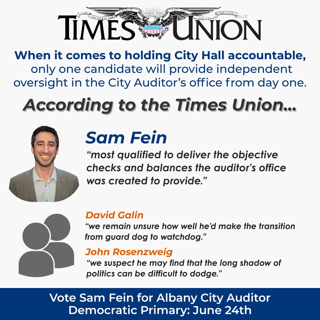 As we come upon the last day of early voting, we thought a helpful reminder from the Times Union might be good—Sam is the only candidate with experience auditing city departments and able to provide independent oversight. ✅

Polls are open 9am-5pm today! 🗳️