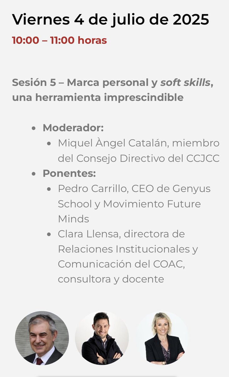 clarallensa's tweet photo. ▫️Ilusionada por explicar la importancia de la #MarcaPersonal y las soft skills en todas las profesiones. De ello, hablaremos en el Fórum de la Auditoría de Sitges el viernes 4 de julio. Innovación y talento en un mundo cambiante.
Inscripciones en:
https://t.co/D45aB3yE47 https://t.co/02SLo34rpF