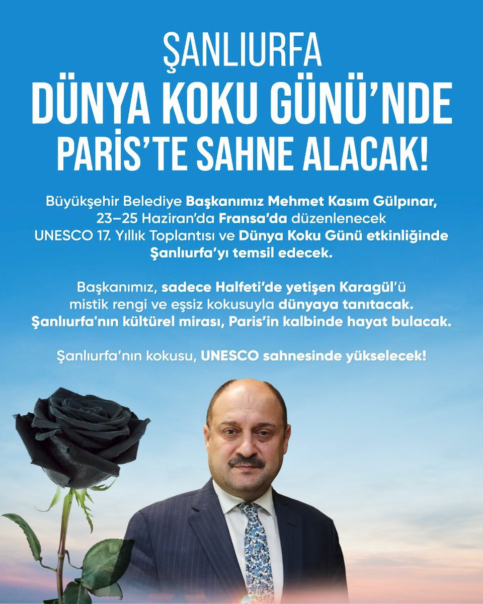 ŞANLIURFA PARİS’TE DÜNYAYA TANITILIYOR🌍
Şanlıurfa Büyükşehir Belediye Başkanımız Sn.Mehmet Kasım Gülpınar, 23–25 Haziran tarihleri arasında Fransa’da düzenlenecek UNESCO Yaratıcı Şehirler Ağı 17.Yıllık Toplantısı ve Belediye Başkanları Forumunda Şanlıurfa’yı temsilen yer alacak.
