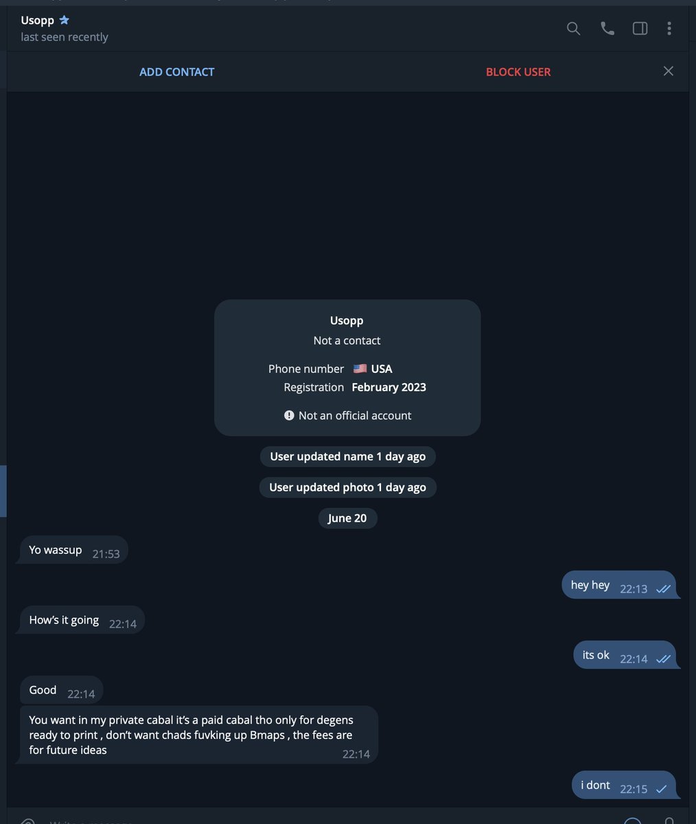 SCAMMMM!!

Someone is using my name to scam on telegram  

That assh*le is telling people that they have to pay 2 SOL to join my alpha cabal. It's a SCAM!

I'll never ever PM anyone for money or to join my private group or anything that requires money be it on any socials such as