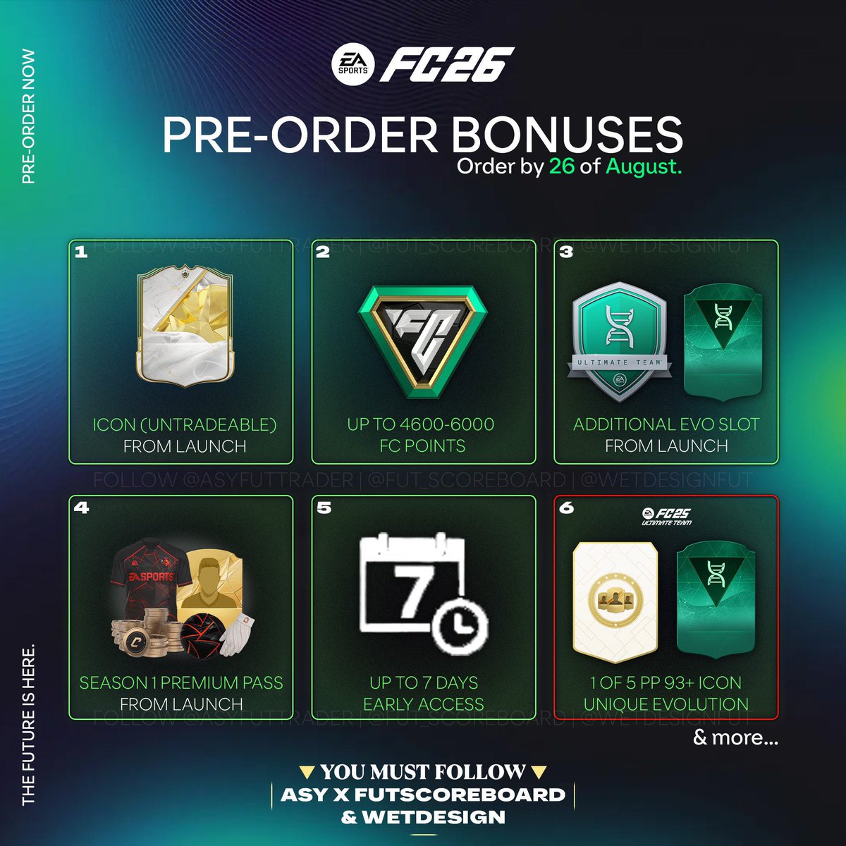 🚨— رسممممممممميا.. 

• مميزات الطلب المسبق لـ FC26 ✅

— آيكون مع بداية انطلاق اللعبة 🔥
— 4600 إلى 6000 بوينت 🔥
— اختياري آيكون +93 من 5 خيارات 🔥
— الوصول المبكر، تبدأ اللعب يوم 19 سبتمبر
— السيزون الأول المدفوع 🔥
— تطويرات خاصة 🔥