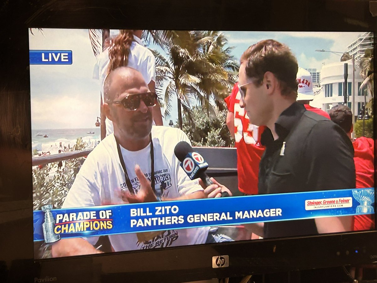 cstevenson7's tweet image. .. Panthers parade underway and @TheMozKnowz is on the bus with GM Bill Zito @wsvn