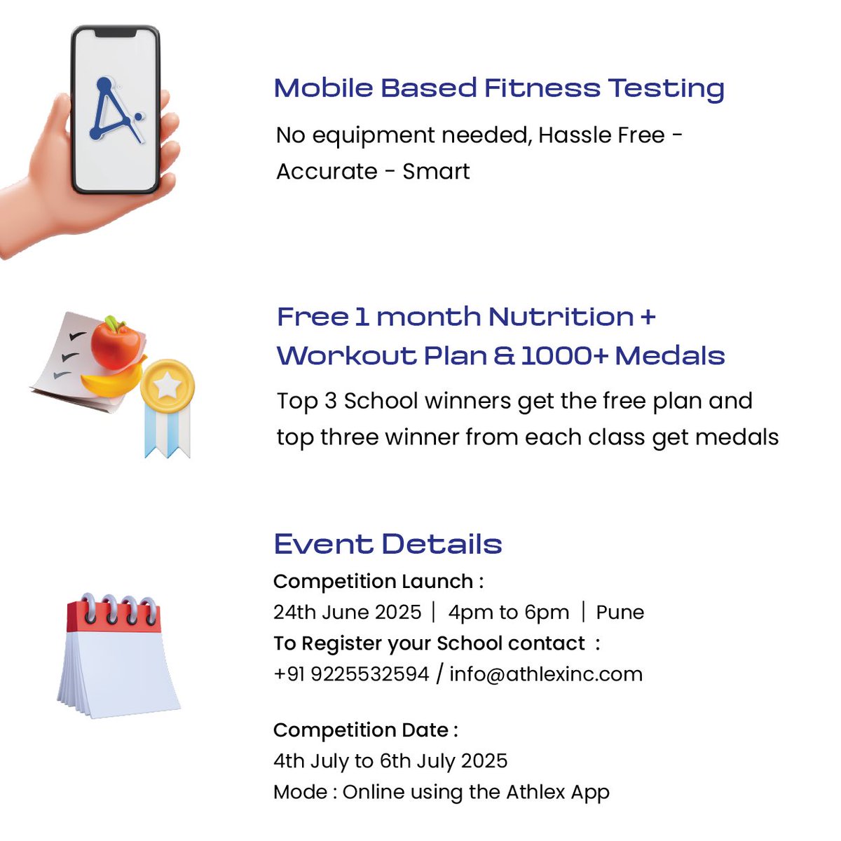 athlexinc's tweet photo. 📢 Schools of Pune – Are you ready to LEAD the fitness revolution?
Enrol with us! 
📍 Competition Launch Event: 
 Pune | 24th June | 4–6 PM
To Register your school contact: +91 9225532594 / info@athlexinc.com
🎤 Guest of Honour: Mr. Jagannath Lakade (DSO Pune) https://t.co/RoO41jYY9N