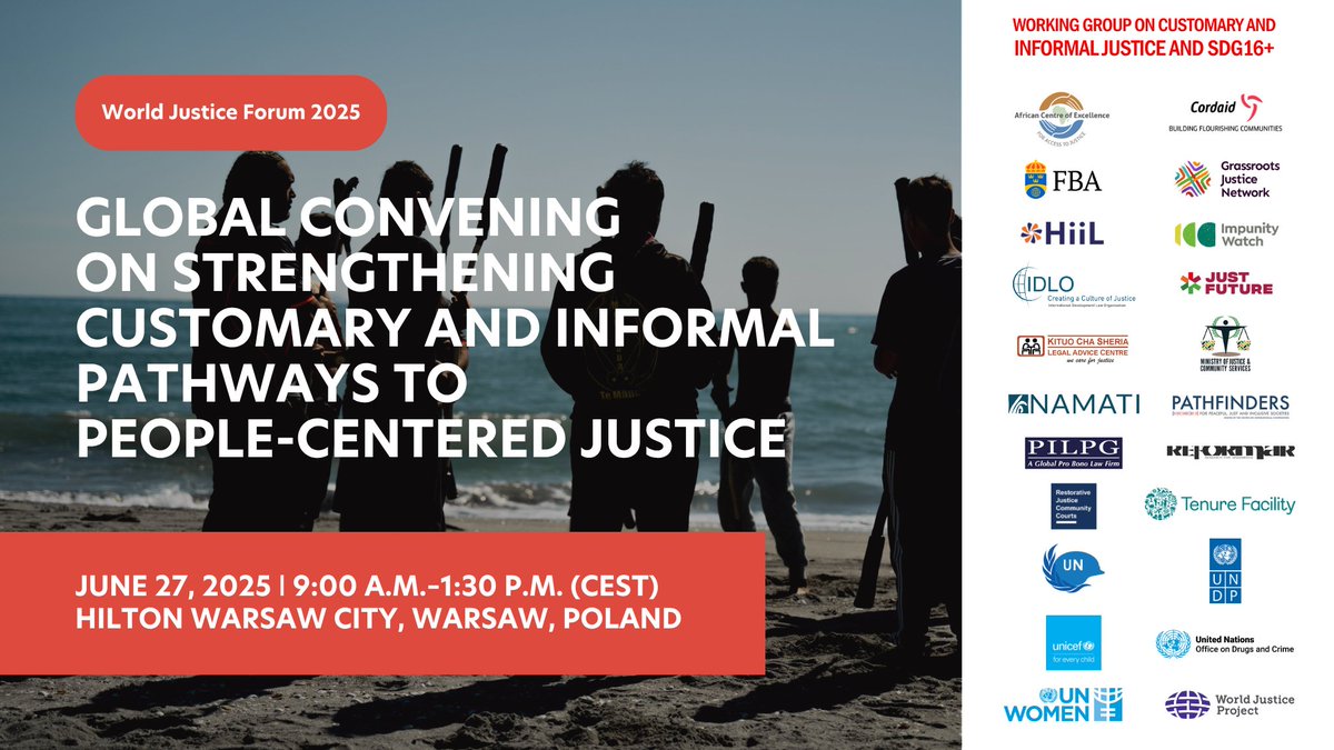📢 A PIVOTAL MOMENT FOR #JUSTICE:
THE FIRST-EVER GLOBAL CONVENING ON DIVERSE PATHWAYS TO PEOPLE-CENTRED JUSTICE
📆⏱️WHEN: 27 June 2025, 09:00-13h30 (CEST, GMT+2), on the side-lines of #WJF2025  
📍WHERE: #Warsaw, Poland (Hilton Warsaw City) 
#informaljustice
1/2