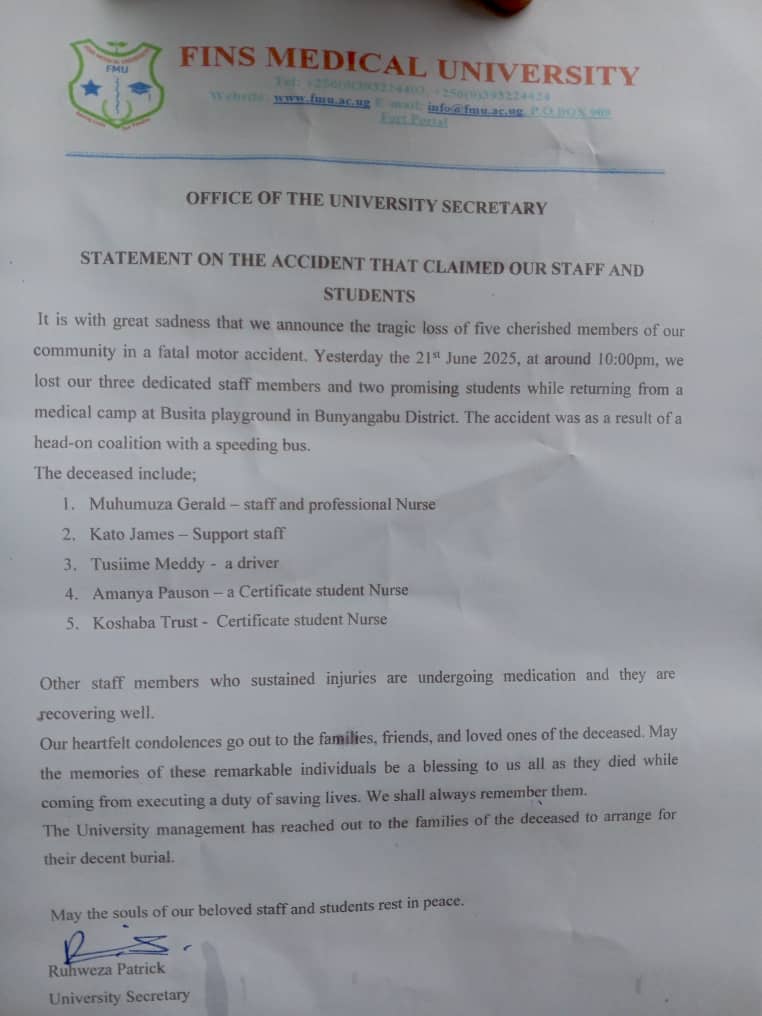 TooroNewsNet's tweet photo. UPDATE:  FINS Medical University has issued a statement about the accident that claimed two students and three staff members. [THREAD] https://t.co/lhrEskAmCk