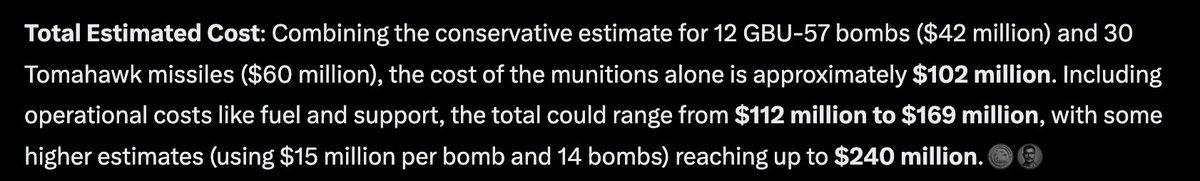 Just the financial costs of Trump's initiating war are staggering.  Here's Grok's itemized estimate 
— $240 MILLION