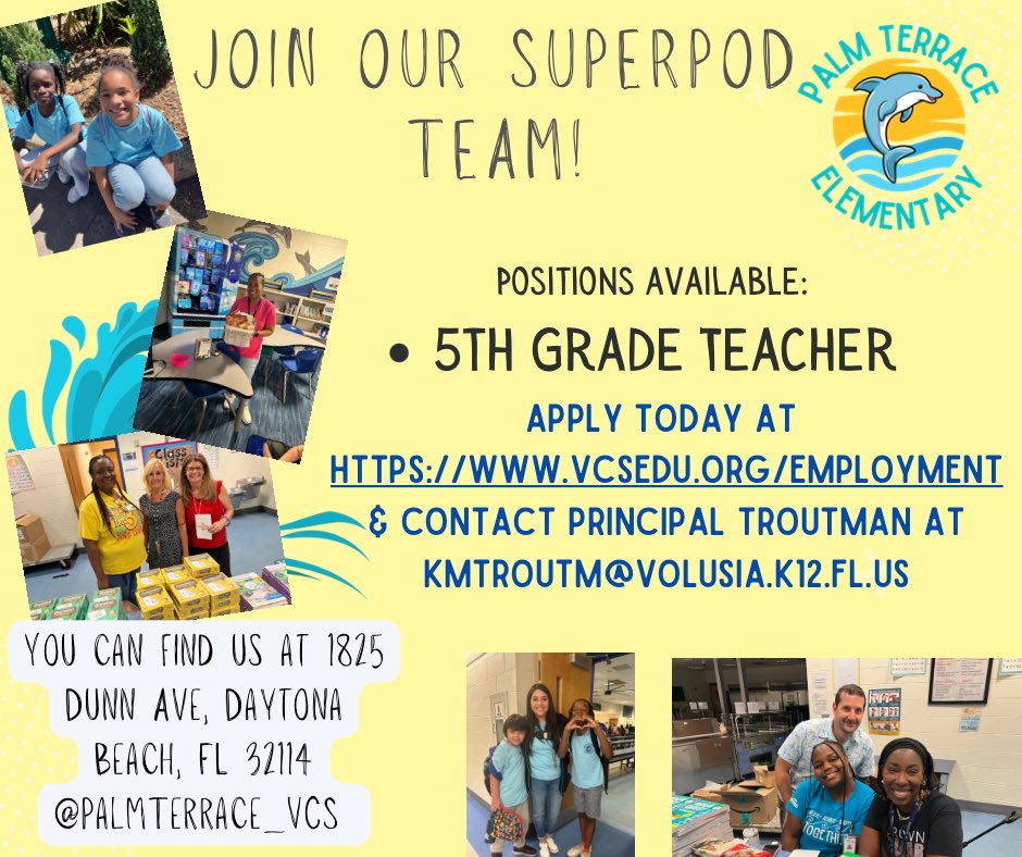 Palm Terrace Elementary (@palmterrace_vcs) on Twitter photo We are looking to add a dynamic team member to our SUPERPOD team for the 2025-2026 school year. #superpod 🌊🐬<a href="/KarenTroutman7/">Karen Troutman</a> <a href="/MsElliottiteach/">Stefanie Elliott</a> <a href="/Ms_Jordan317/">Ms. Jordan</a> <a href="/PalmTerrace_VCS/">Palm Terrace Elementary</a>
Apply today using the link below:
vcsedu.org/directory/depa… We are looking to add a dynamic team member to our SUPERPOD team for the 2025-2026 school year. #superpod 🌊🐬<a href="/KarenTroutman7/">Karen Troutman</a> <a href="/MsElliottiteach/">Stefanie Elliott</a> <a href="/Ms_Jordan317/">Ms. Jordan</a> <a href="/PalmTerrace_VCS/">Palm Terrace Elementary</a>
Apply today using the link below:
vcsedu.org/directory/depa…