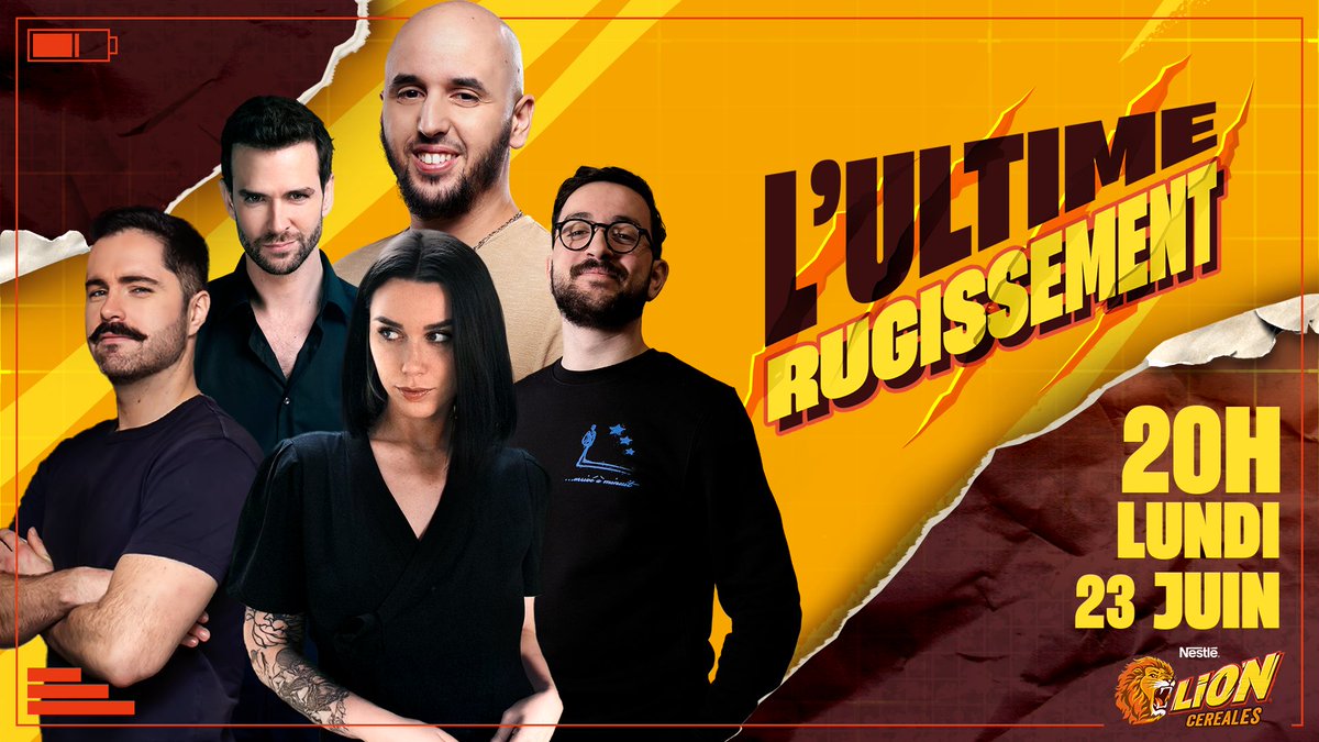 Ils sont tous là, prêts à en découdre dans l'arène ! 🔥
Qui sera le meilleur et soulèvera le trophée comme Domingo l’a fait précédemment ? Impossible de savoir… 🤯
L’Ultime Rugissement, c’est lundi 23 juin sur ma chaîne Twitch la team. 🦁

Avec les céréales LION® #publicité