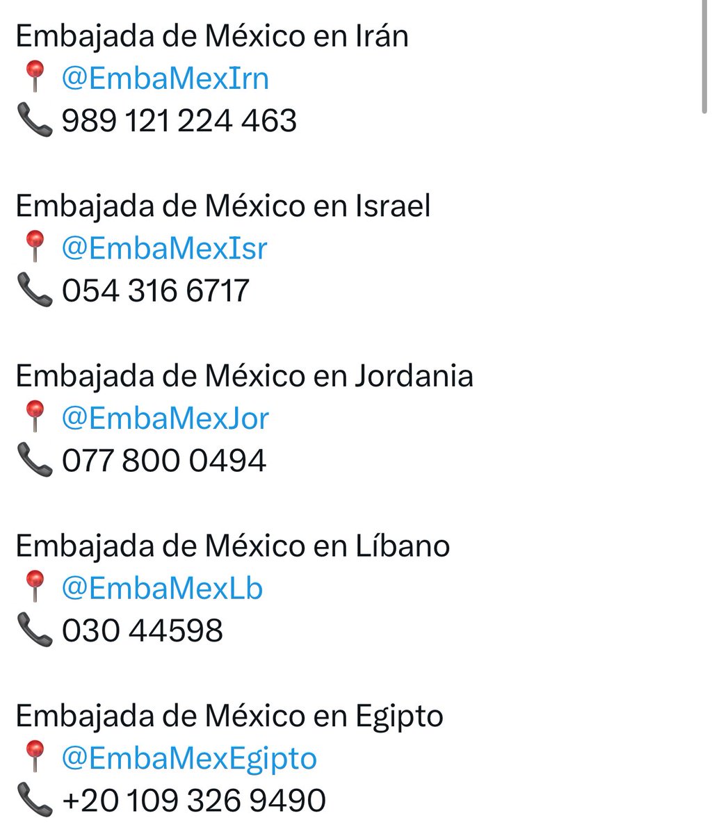 Azucena Uresti (@azucenau) on Twitter photo 📢🇲🇽 Atención a connacionales en Medio Oriente
La <a href="/SRE_mx/">Relaciones Exteriores</a> se mantiene en alerta y continúa brindando protección y asistencia consular a mexicanas y mexicanos en la región. Especial atención a quienes buscan salir de zonas de conflicto de forma segura.
📞 Las embajadas están 📢🇲🇽 Atención a connacionales en Medio Oriente
La <a href="/SRE_mx/">Relaciones Exteriores</a> se mantiene en alerta y continúa brindando protección y asistencia consular a mexicanas y mexicanos en la región. Especial atención a quienes buscan salir de zonas de conflicto de forma segura.
📞 Las embajadas están