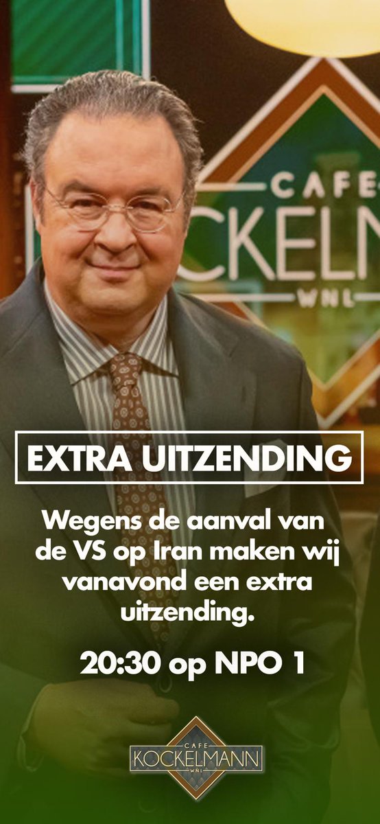 Café Kockelmann (@cafekockelmann) on Twitter photo Vanavond zijn we er met een extra uitzending wegens de aanval van de VS op Iran. Met <a href="/DefensieMin/">Ruben Brekelmans</a> Ruben Brekelmans, oud-commandant landstrijdkrachten Mart de Kruif (<a href="/GeneraalDeKruif/">Mart de Kruif</a>), D66-kamerlid Jan Paternotte (<a href="/jpaternotte/">Jan Paternotte</a>), atoomfysicus Wim Turkenburg en Amerikakenner Vanavond zijn we er met een extra uitzending wegens de aanval van de VS op Iran. Met <a href="/DefensieMin/">Ruben Brekelmans</a> Ruben Brekelmans, oud-commandant landstrijdkrachten Mart de Kruif (<a href="/GeneraalDeKruif/">Mart de Kruif</a>), D66-kamerlid Jan Paternotte (<a href="/jpaternotte/">Jan Paternotte</a>), atoomfysicus Wim Turkenburg en Amerikakenner