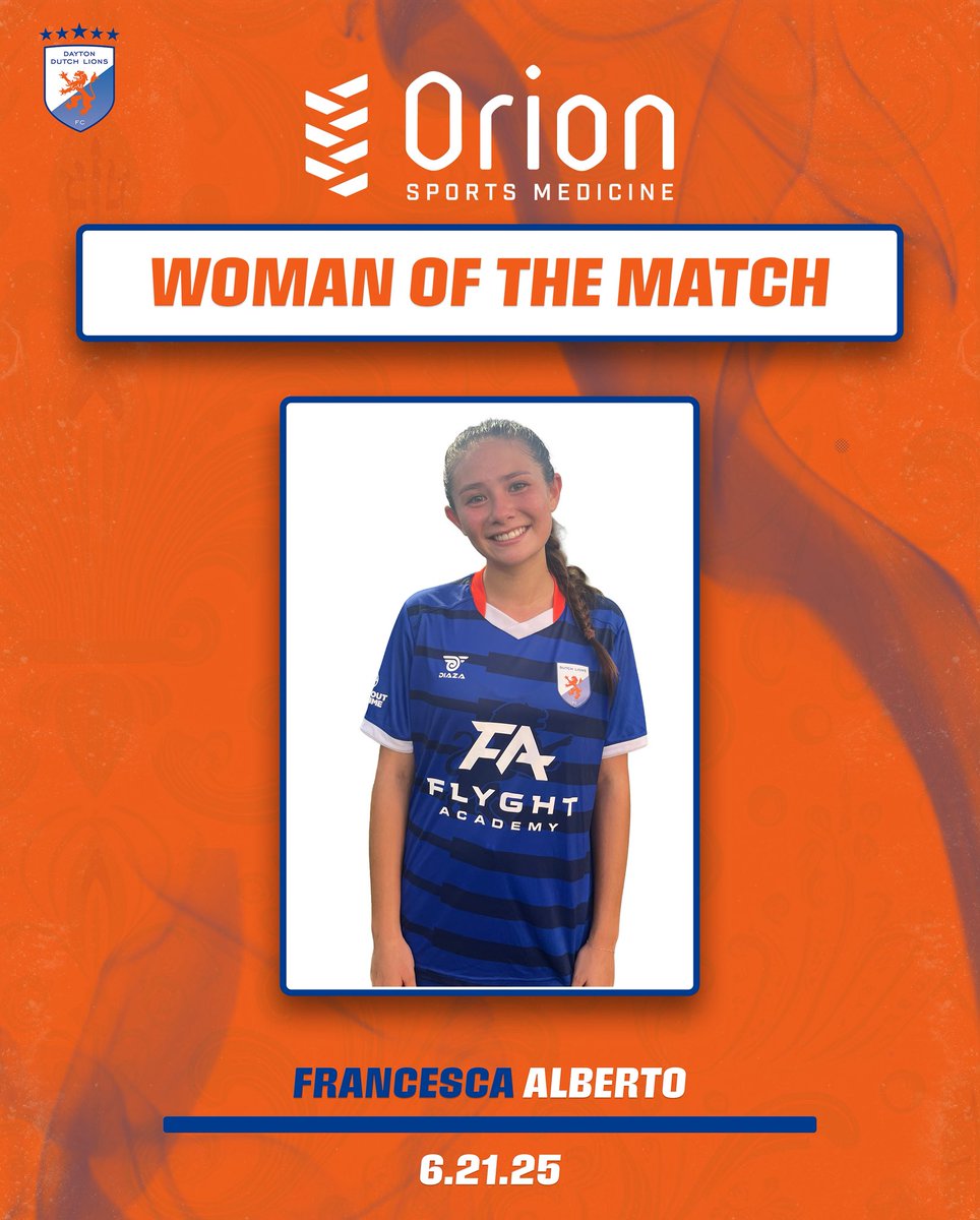 DaytonDutchLion's tweet photo. 🔥 WOMAN OF THE MATCH 🔥
Congratulations to Francesca Alberto on being named our @SportsOrion Woman of the Match! Francesca’s grit, hustle, and smart play were key in last game. 💪⚽️
Well deserved, Francesca! 👏🧡💙
#DDLFC #WomanOfTheMatch #USLW https://t.co/Oez6B5dX1z