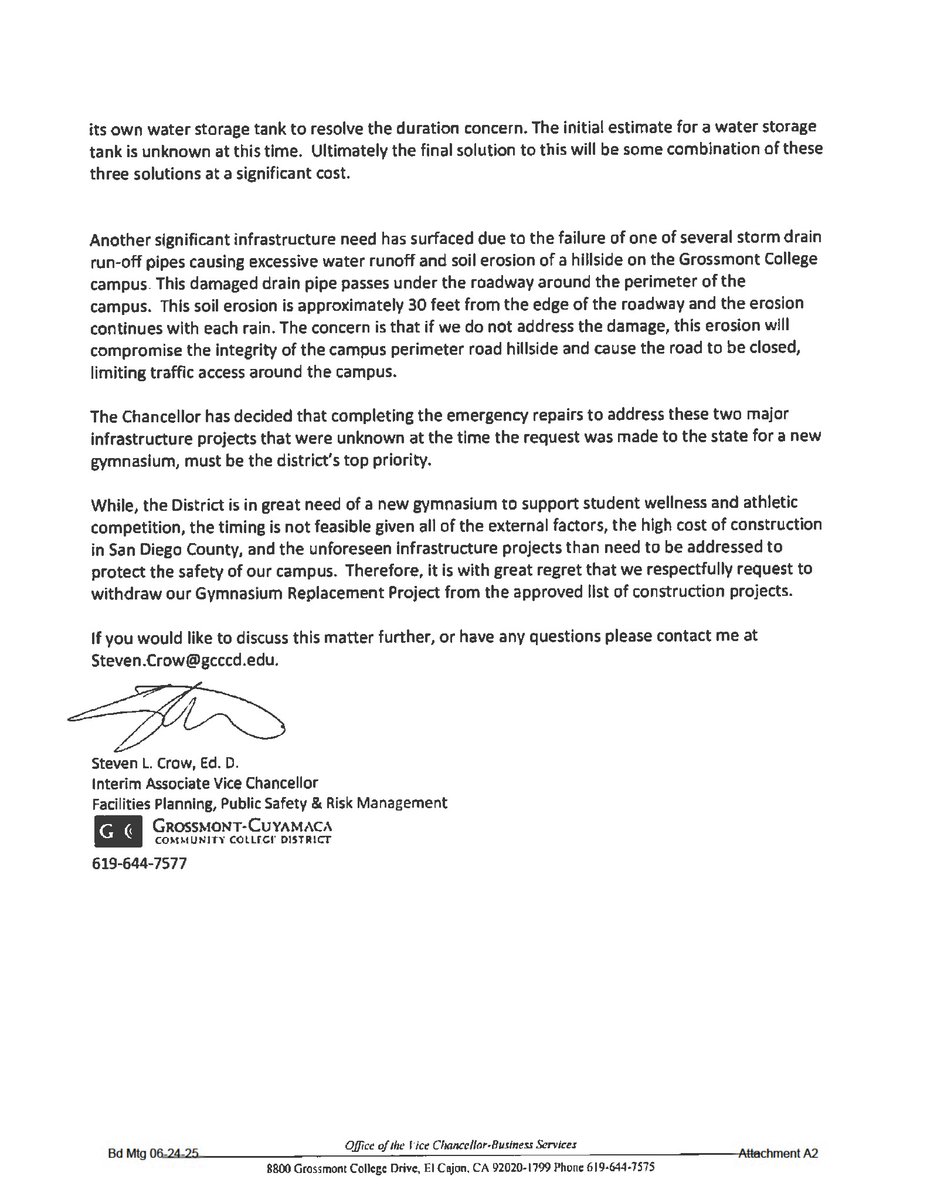 Grossmont-Cuyamaca Community College District to withdraw state finding requests for 2 projects.
Instructional building:
go.boarddocs.com/ca/gcccd/Board…
Gymnasium: go.boarddocs.com/ca/gcccd/Board…)
Why?
"excessive cost escalation, unforeseen infrastructure needs, and insufficient matching funds."