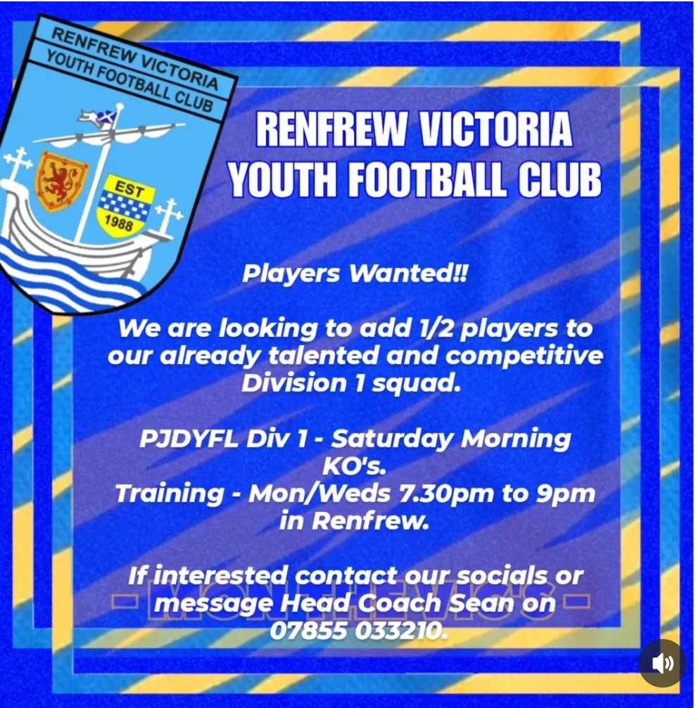 Renfrew Victoria 2012s are on the lookout for new players for the upcoming season. 
If you are or know a player born in 2012 who would like a new challenge, play Division 1 football and train with an excellent group of boys and coaches then get in touch.