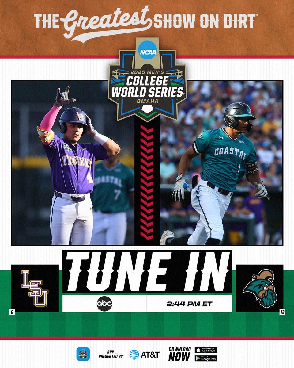 NCAA Baseball (@ncaabaseball) on Twitter photo 🚨MCWS TUNE IN 🚨
(13) <a href="/CoastalBaseball/">Coastal Carolina Baseball</a>
🆚
(6) <a href="/LSUbaseball/">LSU Baseball</a>
⏰ 2:44 PM ET
📺 ABC
🖥️ on.ncaa.com/rpq2jpbr
🎟️ on.ncaa.com/mens-college-w…
📲 ncaa-mcws.app.link/launch
#MCWS 🚨MCWS TUNE IN 🚨
(13) <a href="/CoastalBaseball/">Coastal Carolina Baseball</a>
🆚
(6) <a href="/LSUbaseball/">LSU Baseball</a>
⏰ 2:44 PM ET
📺 ABC
🖥️ on.ncaa.com/rpq2jpbr
🎟️ on.ncaa.com/mens-college-w…
📲 ncaa-mcws.app.link/launch
#MCWS