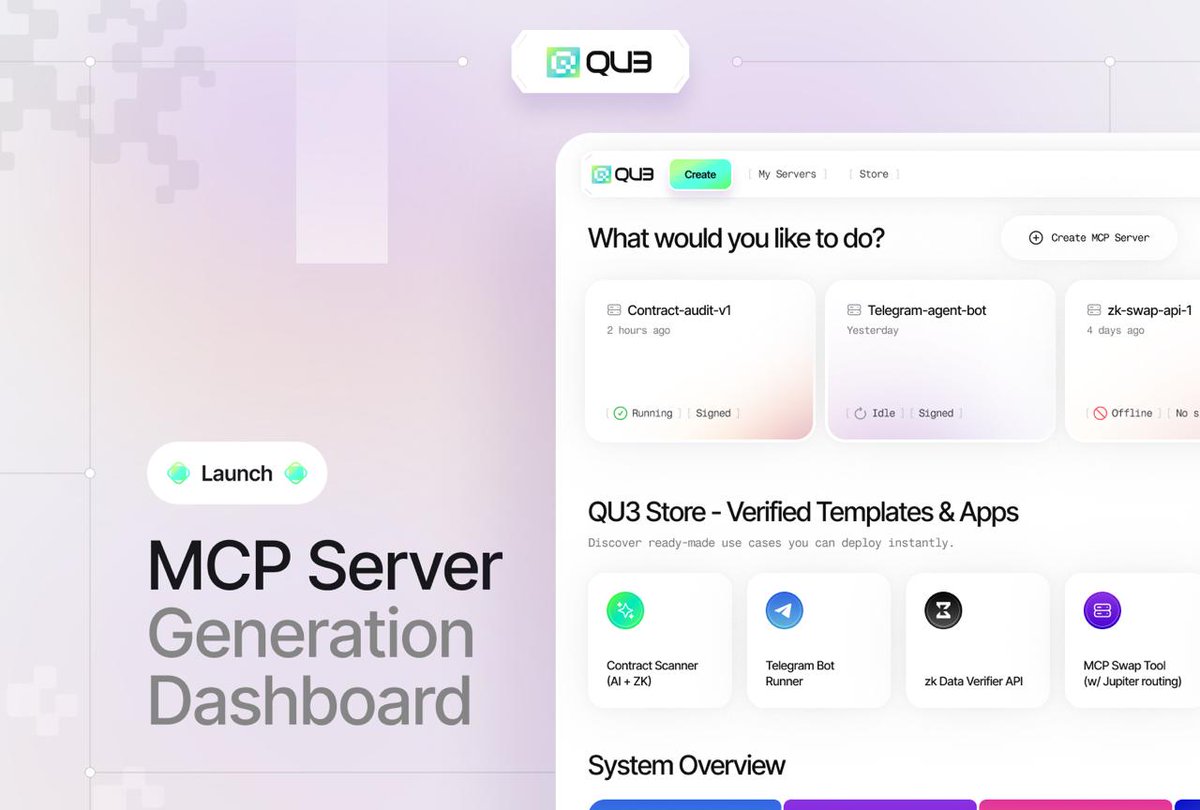 The MCP Server Generation Dashboard is now live.

You can now:
– Deploy your own MCP server
– Authenticate workloads with post-quantum verification
– Pay securely in $QU3
– Track every payment on-chain: all revenue goes to treasury.qu3.eth

Every transaction is transparent. Every