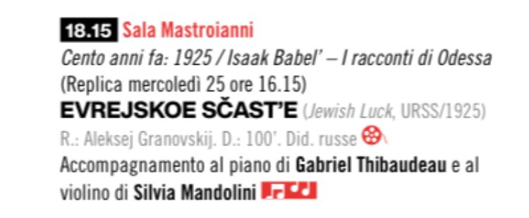 carlacap (@carlacap) on Twitter photo Adesso a #ilcinemaritrovato Evrejskoe Scast’e (1925) festival.ilcinemaritrovato.it/film/evrejskoe… con accompagnamento dal vivo: piano G. Thibaudeau e violino S. Mandolini Adesso a #ilcinemaritrovato Evrejskoe Scast’e (1925) festival.ilcinemaritrovato.it/film/evrejskoe… con accompagnamento dal vivo: piano G. Thibaudeau e violino S. Mandolini