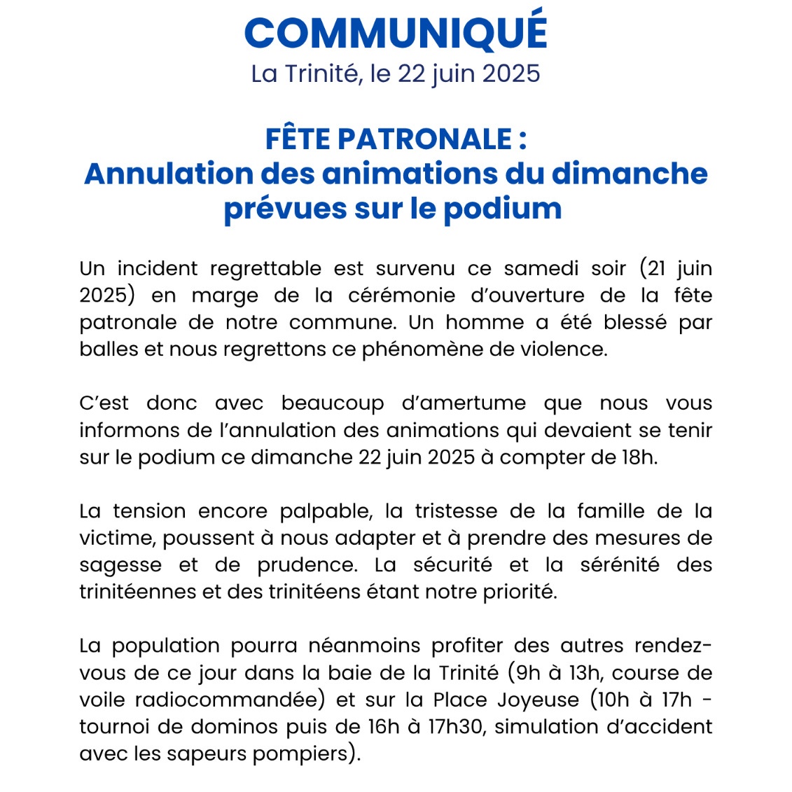 ville_trinite's tweet photo. ❌️ Fête Patronale 2025 : annulation des animations prévues à partir de 18h ce dimanche sur le podium @viaatv1 @RCI_MQ https://t.co/Xo6pnwcUkE