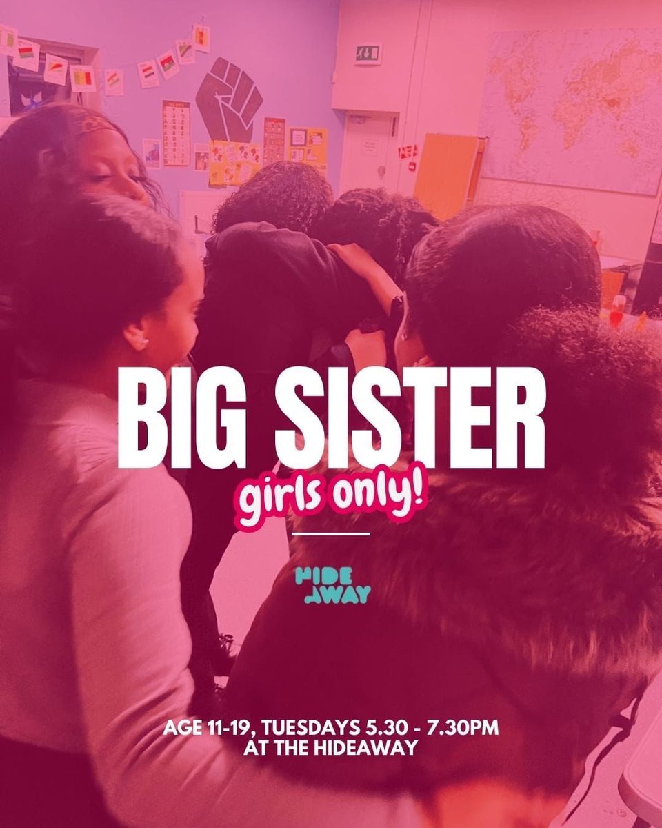 Looking for a girls only space? 

Our Big Sister sessions are on every Tuesday from 5.30pm - 7.30pm at The Hideaway! ￼

Come and join us for a space to connect, learn, and have fun 🌟

#BigSister #TheHideaway #GirlsEmpowerment