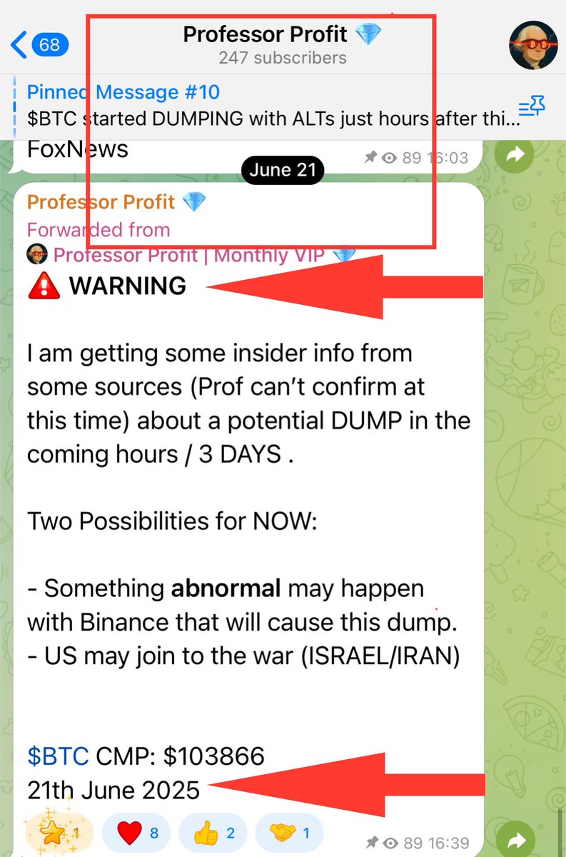ProfProfitBTC's tweet photo. ⚠️ WARNING ⚠️

Professor Profit WARNED about this dump YESTERDAY with 100% perfection in his VIP channel with two main possibilities: 

- Something abnormal may happen with Binance that will cause this dump.
- US may join to the war (ISRAEL/IRAN)

Hours later, market DUMPED because of American attack on Iran.

#BTC $BTC #Trump #Israel #Iran #Binance