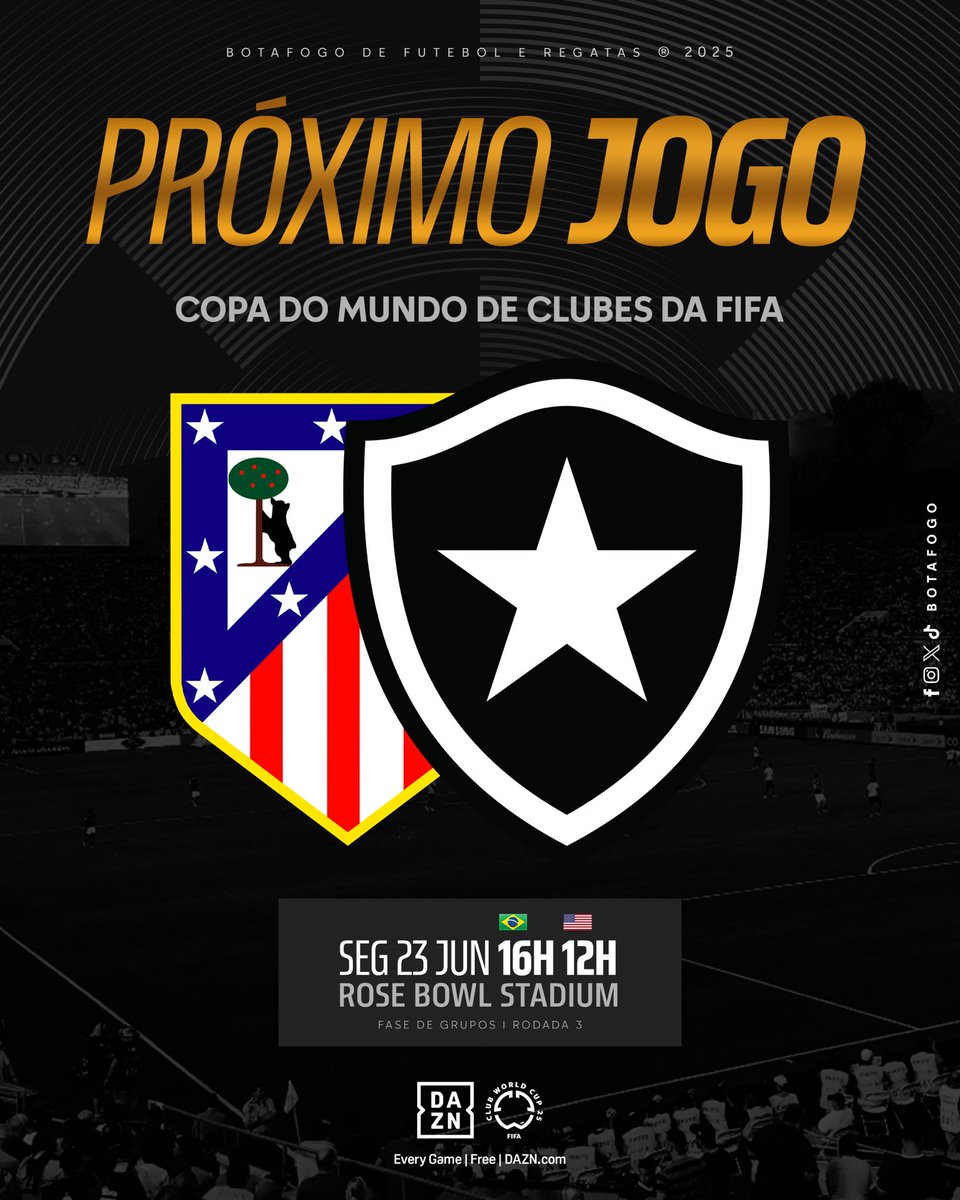 Líder do grupo e invicto no @FIFACWC, o Glorioso enfrenta o Atlético de Madrid pela 3ª rodada da fase de grupos. VAMOS COM TUDO, FOGÃO! 🔥🌟 #VamosBOTAFOGO #FIFACWC #TakeItToTheWorld 

📲 Todos os jogos do Glorioso no app DAZN, grátis. Cadastre-se em: bit.ly/FIFADAZN_Botaf…