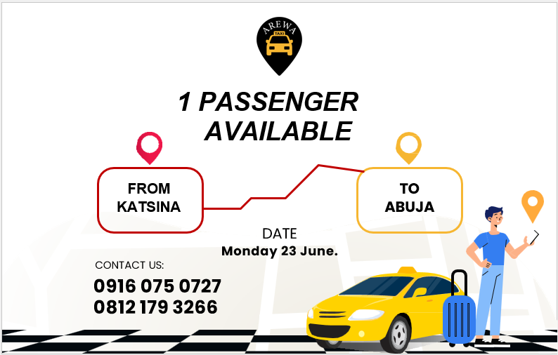 ArewaTaxi's tweet photo. Passenger available for pick up, interested private vehicle owner should contact us for further arrangement. #ArewaTaxi https://t.co/CCXhr1Uk0X