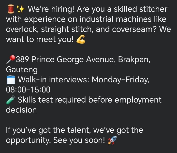 YoungLLion's tweet photo. Industrial Stitcher Vacancy
Lauren Blue - Brakpan, Jhb
#rupert #burgerking #bafana #hungani https://t.co/IpN4TP242Z