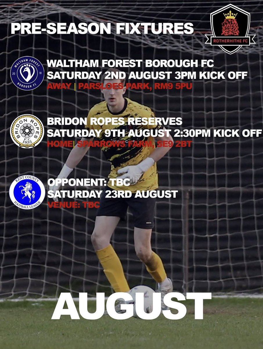 Pre-Season Fixtures ‼️

Our official dates for our pre-season games are confirmed.

Very good quality of opposition for our pre season, with the aim of getting us ready for our first Kent county league game on the 23rd of August.

Up The Rotherhithe 🖤❤️