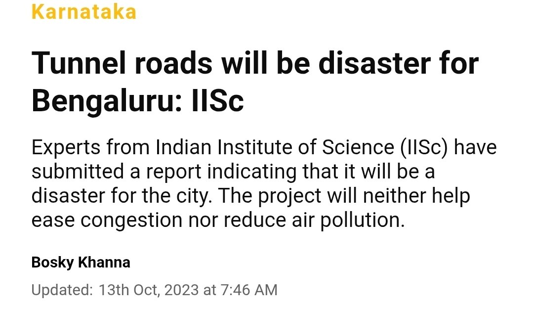 Karthik Reddy (@bykarthikreddy) on Twitter photo <a href="/DKShivakumar/">DK Shivakumar</a> IISc has time and again warned that Tunnel road is not going to be sustainable for Bengaluru
1. City needs metro, buses, suburban rail, mass rapid transit system. Roads will encourage more vehicles on road
2. Public transportation will motivate people to keep city air clean <a href="/DKShivakumar/">DK Shivakumar</a> IISc has time and again warned that Tunnel road is not going to be sustainable for Bengaluru
1. City needs metro, buses, suburban rail, mass rapid transit system. Roads will encourage more vehicles on road
2. Public transportation will motivate people to keep city air clean