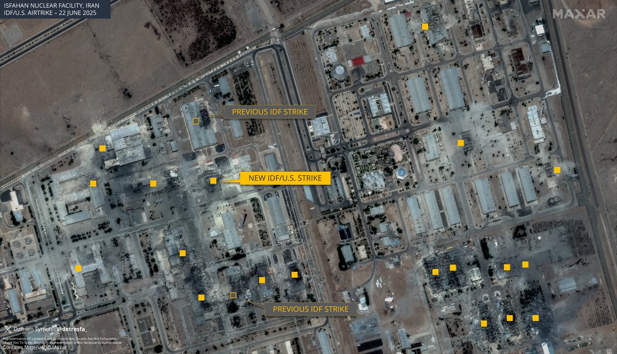 Maxar imagery shows the impact of IDF/U.S. strikes on Iran’s nuclear facilities -

`Natanz &amp; Fordow - Munition entry holes indicate likely damage to underground structures 
`Isfahan - nuclear research complex suffers extensive destruction showing 19 new buildings targeted