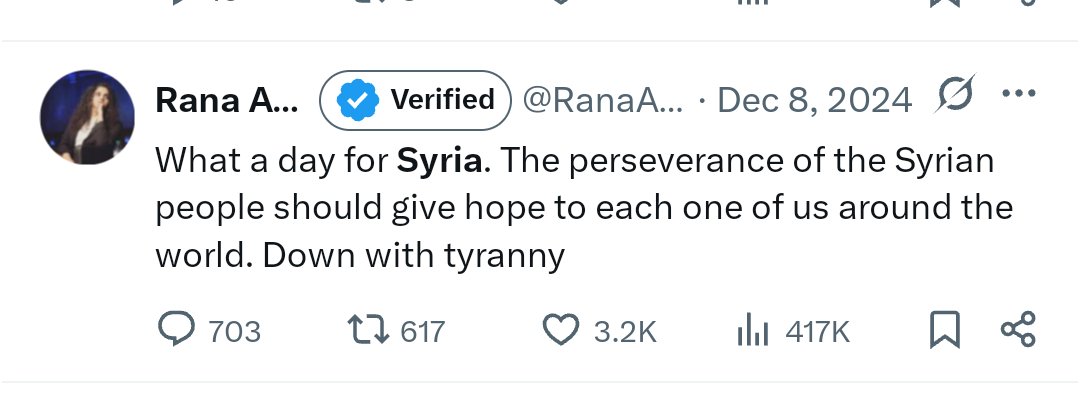 You celebrated the coup of Al julani in Syria you duplicitous bitch, that regime change is exactly the reason US-Israel gained the confidence to get into war against Iran.
