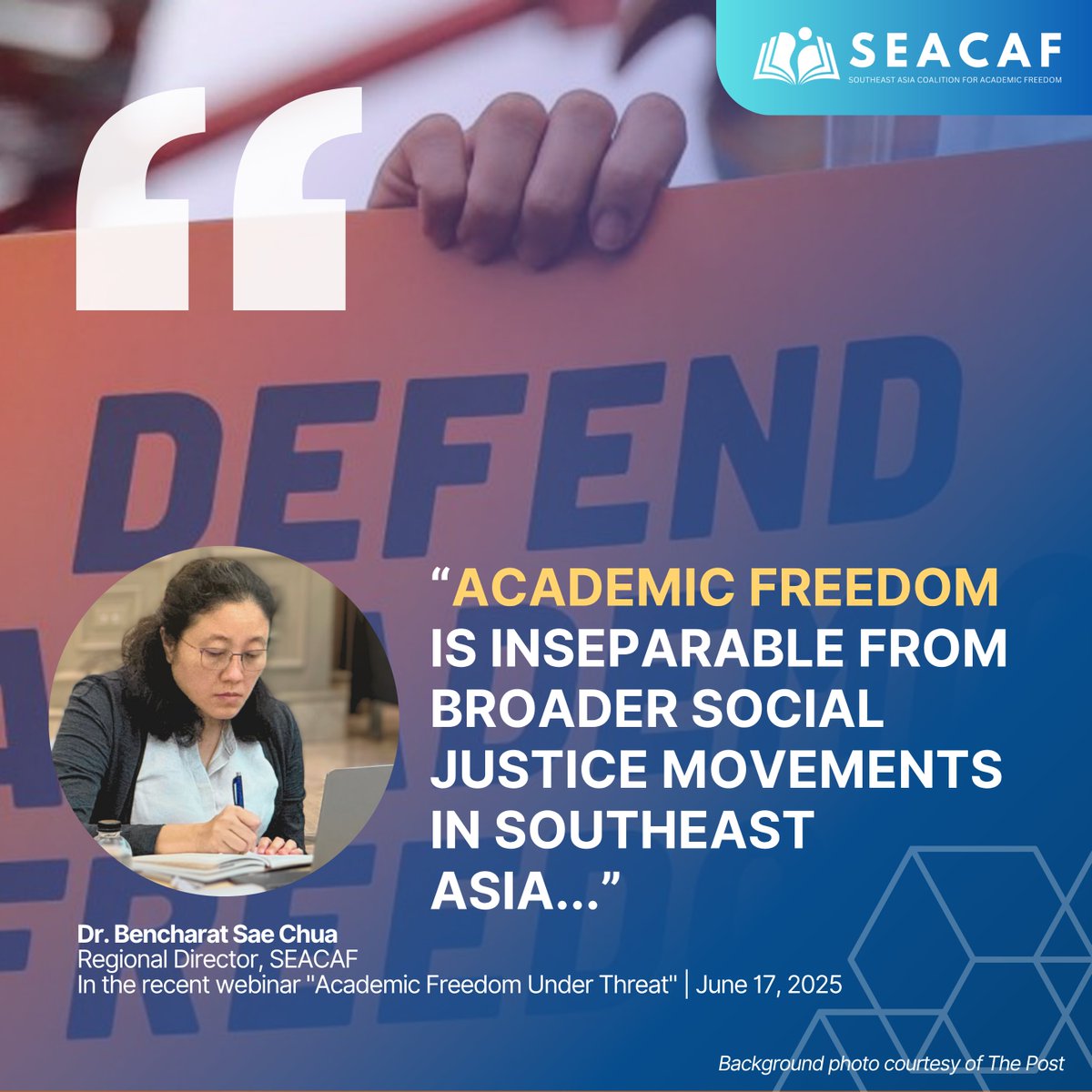 In a timely webinar titled “Academic Freedom Under Threat”, Dr. Bencharat Chua of SEACAF underscored the deep interconnection between academic freedom and broader social justice movements in Southeast Asia. 

Read more here: norrageducation.org/academic-freed…
<a href="/ScholarsAtRisk/">Scholars At Risk</a>