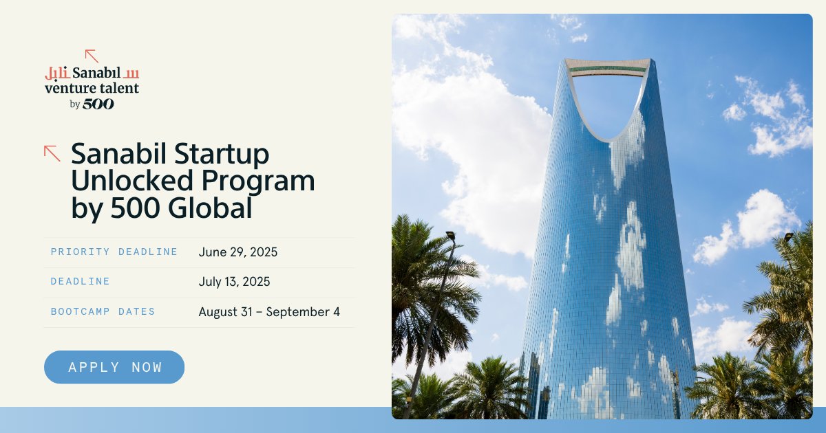 📢 Final week to submit your priority application for Batch 3 of Sanabil Startup Unlocked by 500 Global!

📅 Bootcamp Dates: August 31 - September 1
 🗓️ Priority Application Deadline: June 29
🔗 Apply Now: be.500.co/sanabilsu3