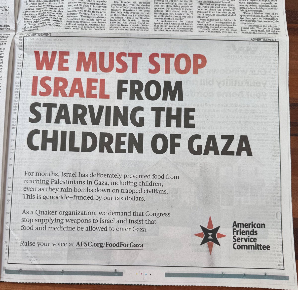 Today’s <a href="/washingtonpost/">The Washington Post</a> features a powerful <a href="/afsc_org/">AFSC</a> ad: Demand Congress act NOW to stop Israel’s bombing &amp; starvation in #Gaza. We want attacks on #Iran to stop but let us not look away as #Israel continues its #genocide in Gaza. ENOUGH!

Join the call: afsc.org/FoodForGaza