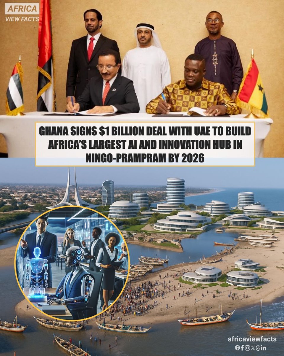 Ghana 🇬🇭 has signed a $1 billion deal with the UAE to build Africa’s largest AI and Innovation Hub in Ningo-Prampram.

Launching in 2026, it will host over 11,000 global tech companies like Microsoft, Meta, Oracle, and IBM.

The project aims to make Ghana a top center for tech.
