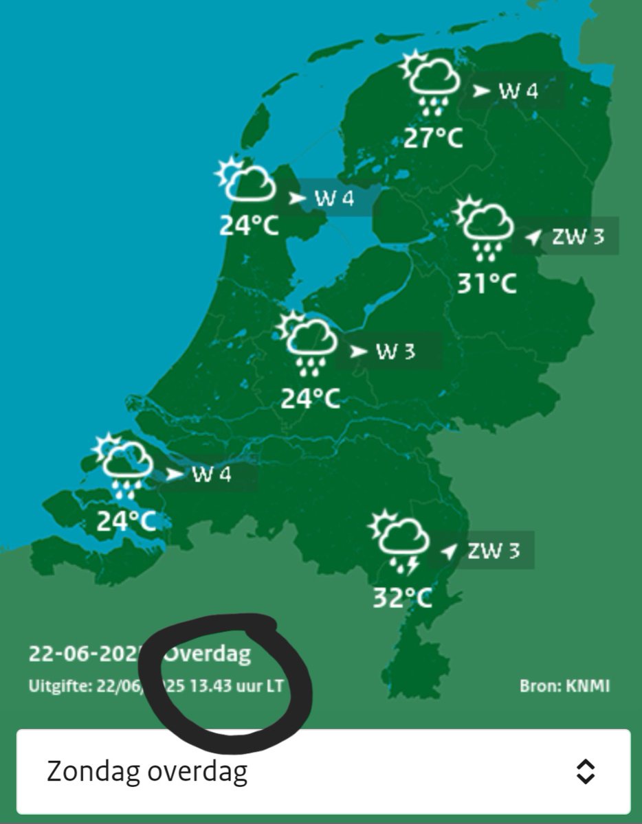 Het @knmi weet exact wat het weer over 40 jaar gaat doen, want klimaatverandering, maar voorspellen wat het weer over één uur is, dat is al te lastig en dan passen ze het stiekem aan. Overigens zeiden ze gisteravond dat het vandaag in het hele land 30-35 graden zou worden.