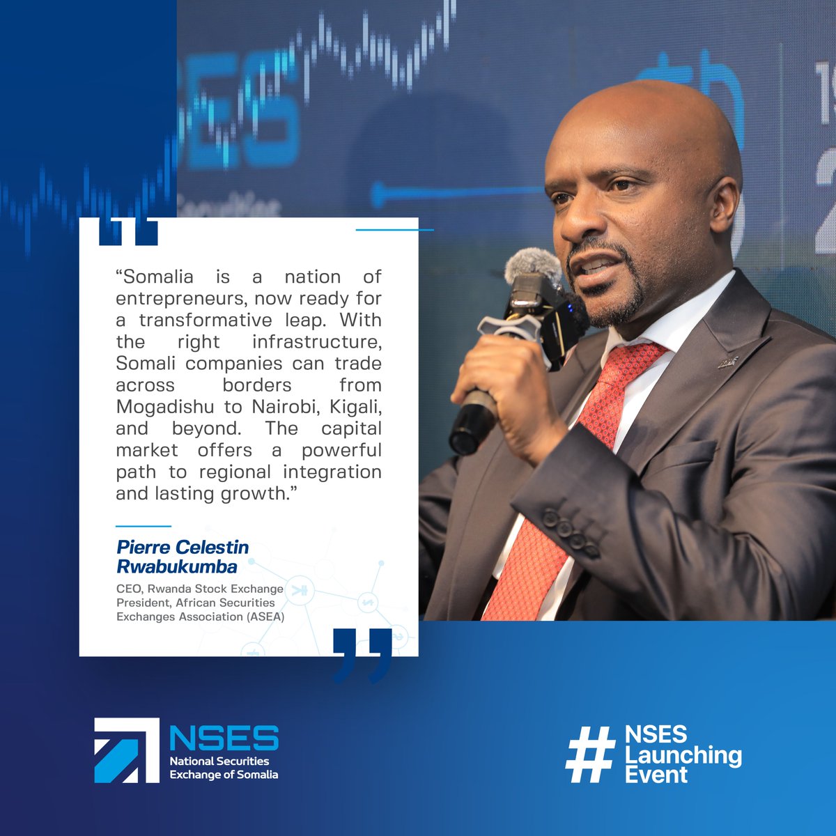 NSES_Somalia's tweet photo. "Somalia’s entrepreneurs now have a gateway to regional and global markets. From Mogadishu to Kigali, the securities exchange unlocks growth and integration."

 @RwabukumbaC 
CEO, Rwanda Stock Exchange &amp; President, ASEA

#NSES #NSESLaunch #InvestInSomalia #StockMarkets https://t.co/wZ6L9W9meH